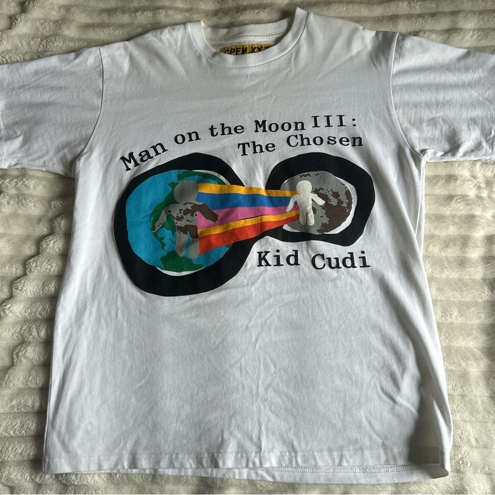 Mens Large Man On The Moon Kid Cudi Bubble Lettering White T-Shirt